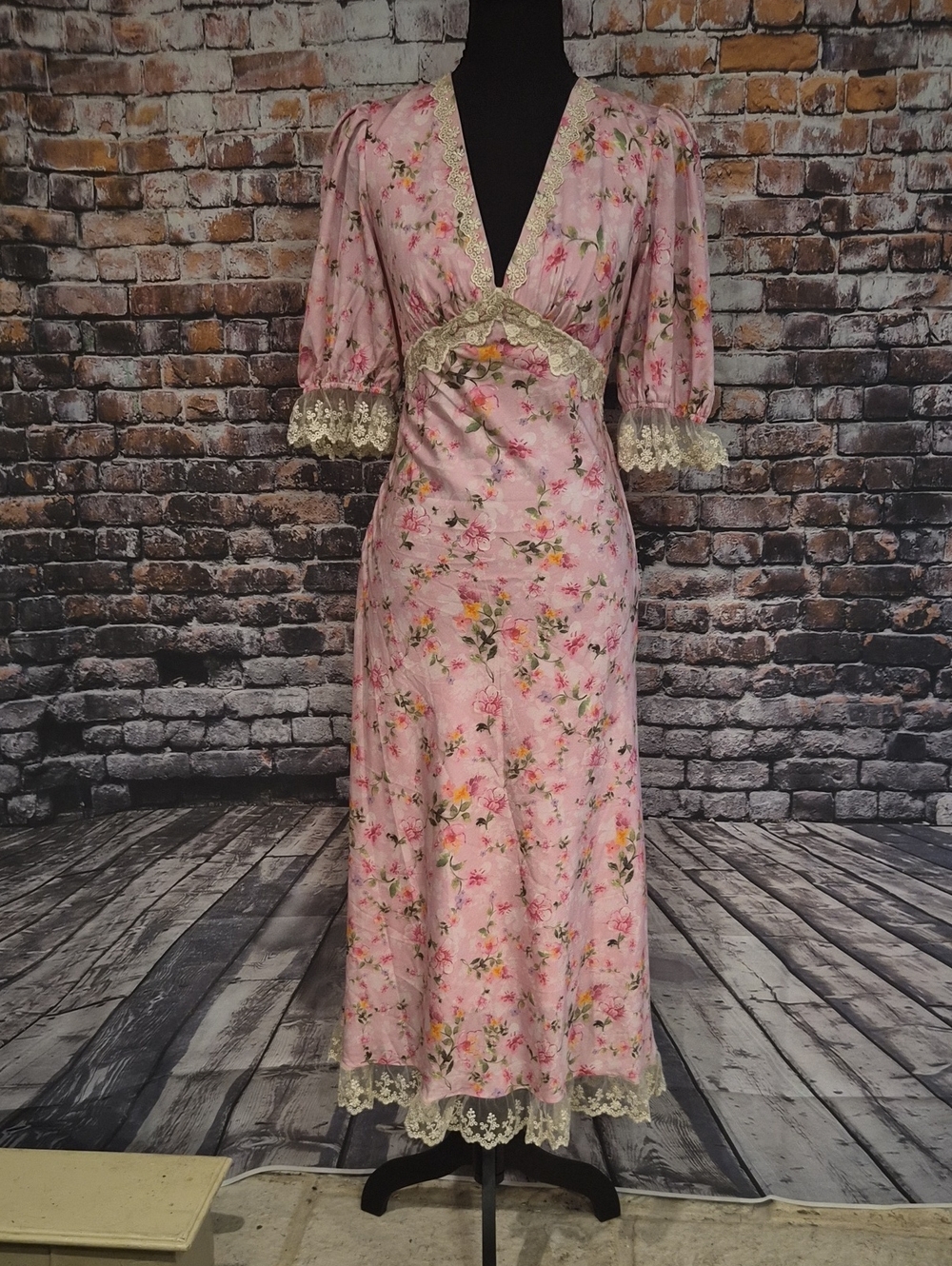 Pink Floral Maxi Dress with Cream Lace Trim